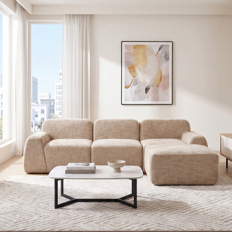 3 Seater Chenille Sofa, Light Khaki