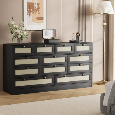61" Wood Dresser with 12 Rattan Drawers, Modern TV Stand Chest for Bedroom & Living Room