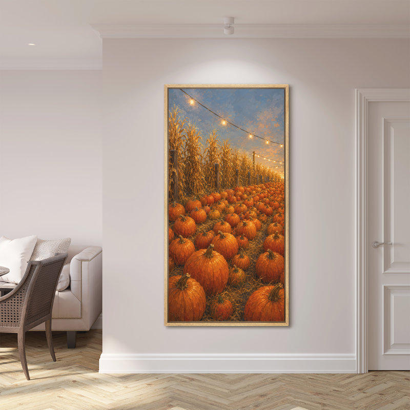 «Pumpkin Patch with String Lights Harvest Farm Autumn Decor Extra Large», reproduction d'art sur toile encadrée, Naturel