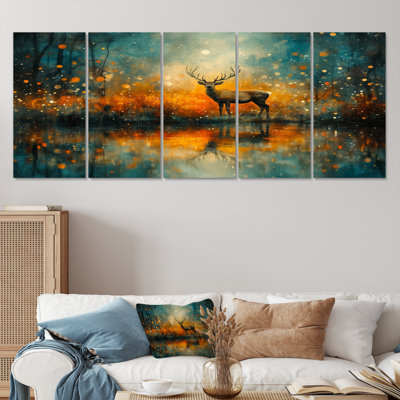 «Orange Christmas Reindeer Reflection II - Christmas Santa Deer», ensemble d'art mural sur toile