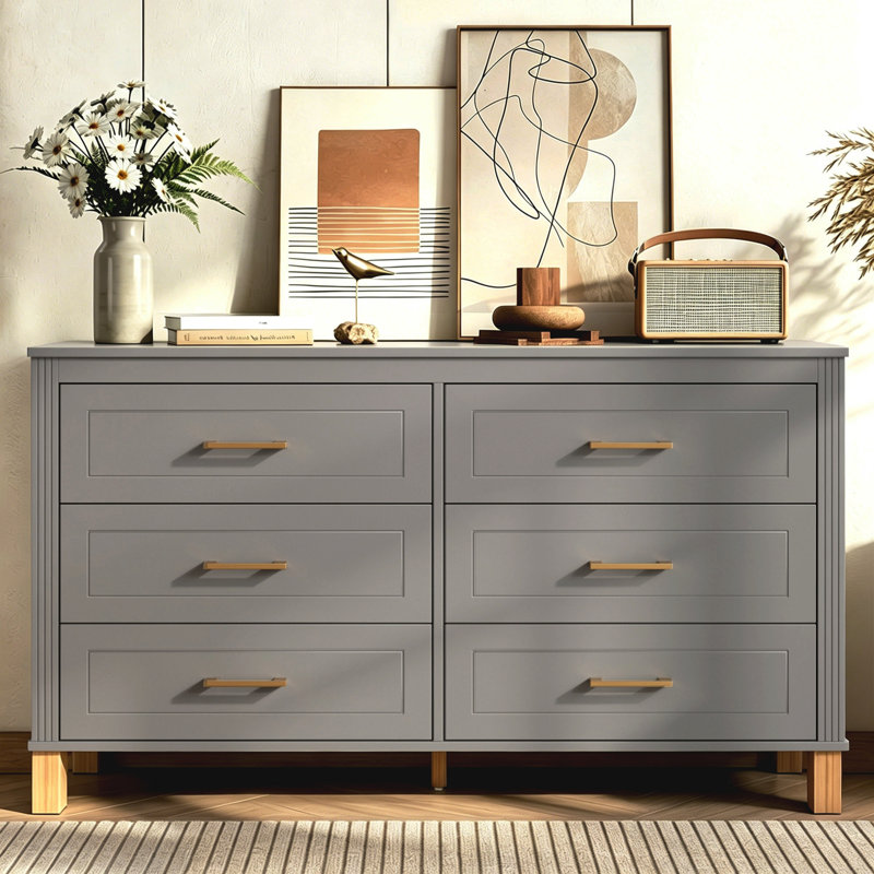Commode double 6 tiroirs en bois robuste, Gris