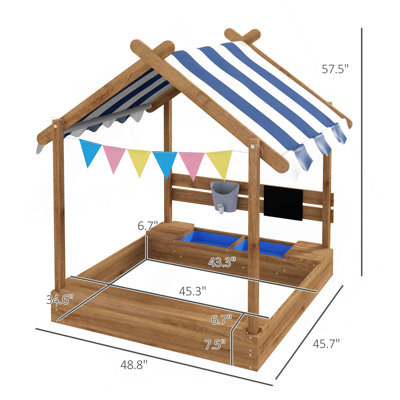 Wooden Sandbox With Canopy House Design For 3-7 Years Old, Brown