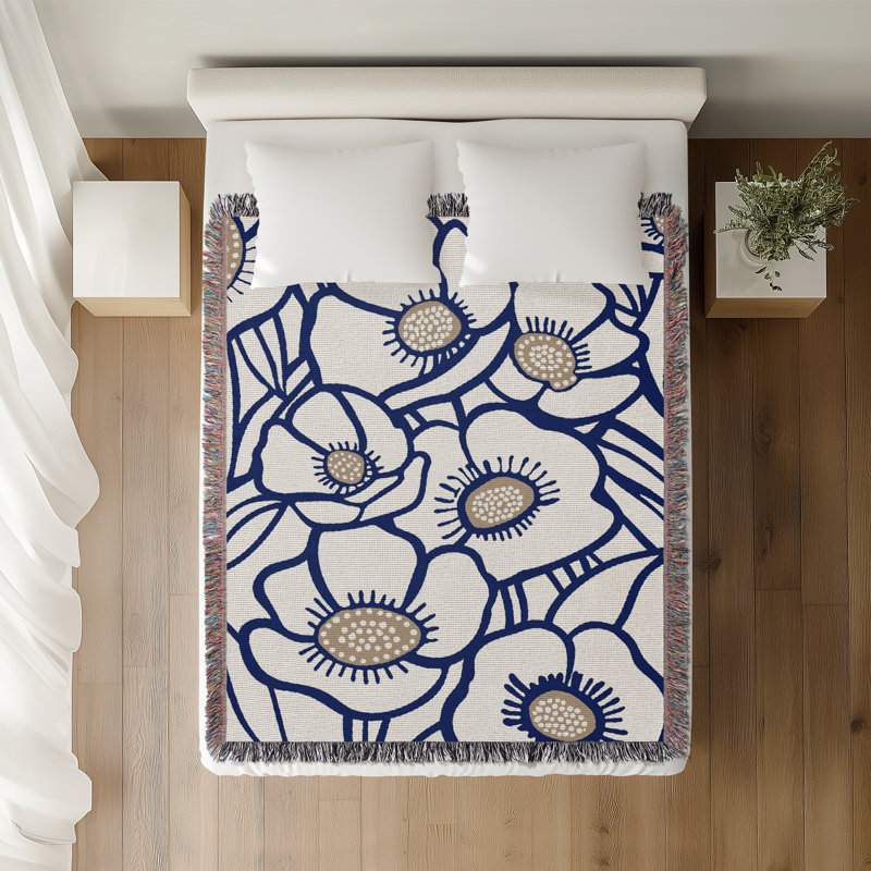 Jeté floral en coton, 50 x 70, Marine