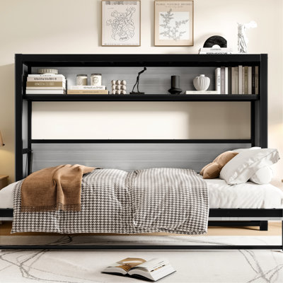 Lit simple gris en métal avec tablettes, peu encombrant, idéal pour les bureaux à domicile, pliable et parfait pour les petits espaces