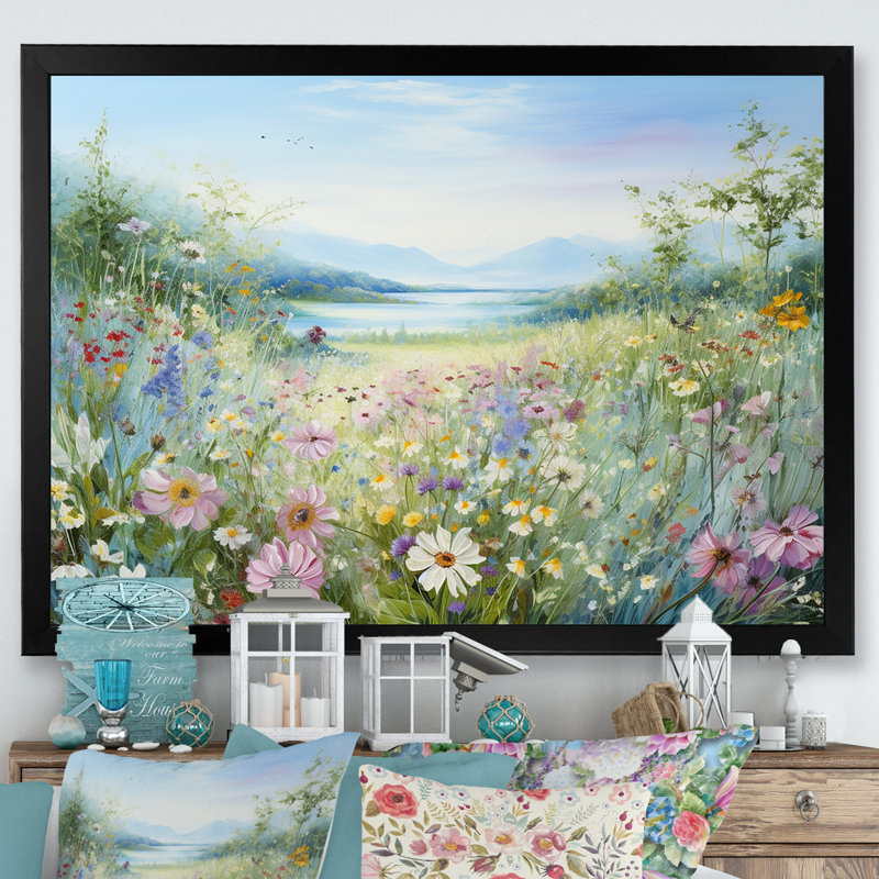 Simplity Wreath Green Flower Field - Art mural grand champ de fleurs, H 12 po x l 20 po x P 1 po, Cadre simple noir