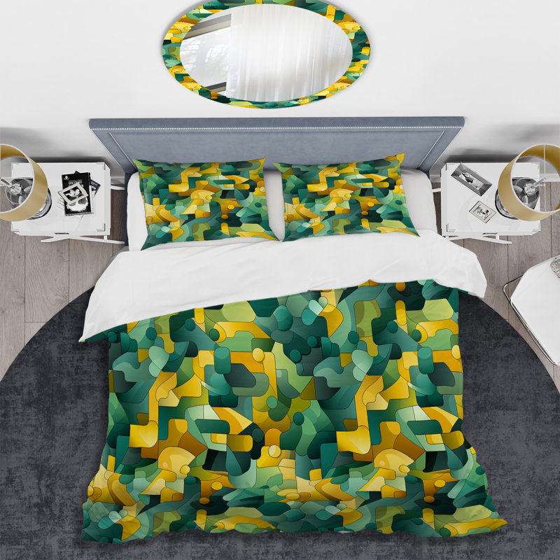 Literie Popart, vert et jaune, Housse de couette pour très grand lit et 2 très