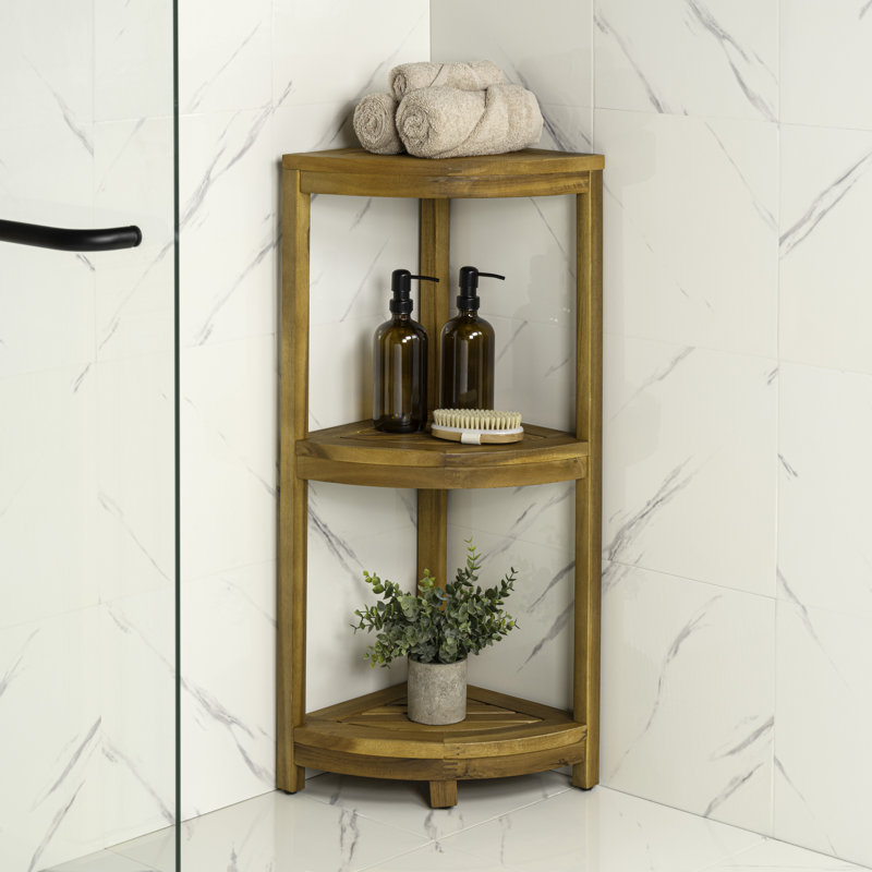 Sela 33" Classic Minimalist 3-Tier Acacia Wood Freestanding Bathroom Corner Shelf, Natural