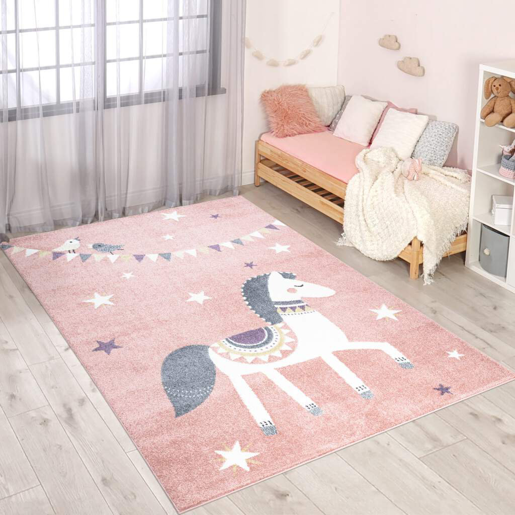 Kinderteppich Anime 890 Rosa Tier Motiv Pferd Wimpel Kinderzimmer Teppich Kurzflor