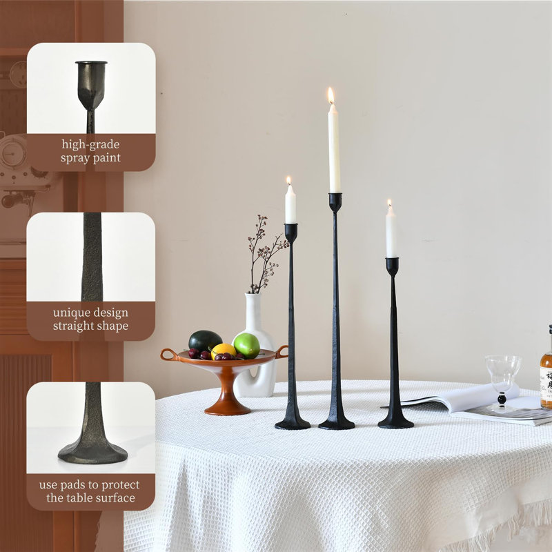Ensemble de 3 porte-bougies coniques en fer noir