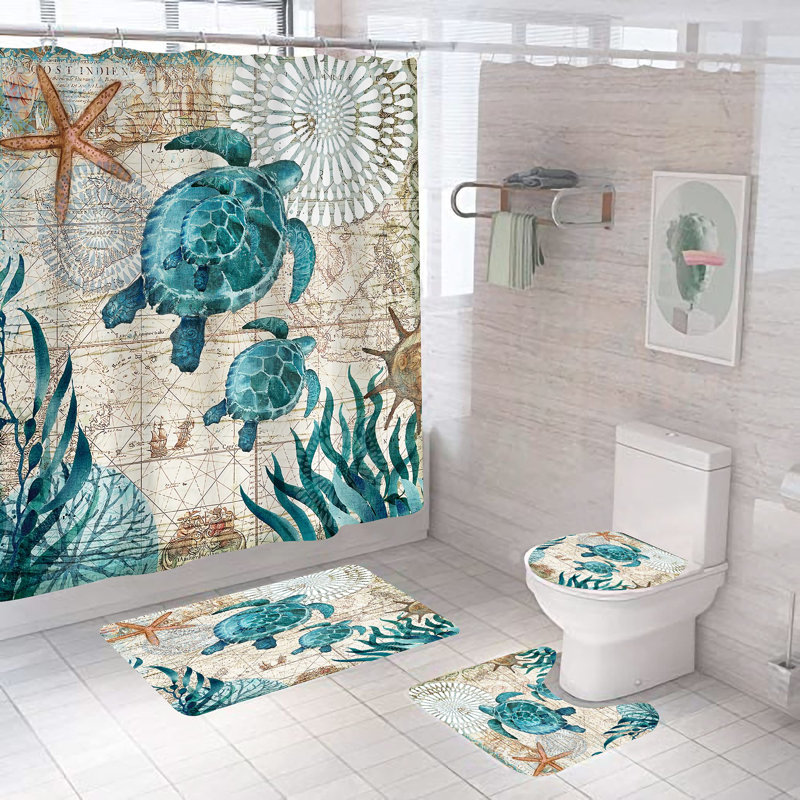 Nautical Blue Sea Turtle Fabric Bathroom Set with Shower Curtain and Bath Mat