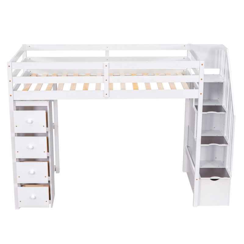 Lit mezzanine simple avec tiroirs et tiroirs de rangement, lit mezzanine en bois avec tablettes - blanc