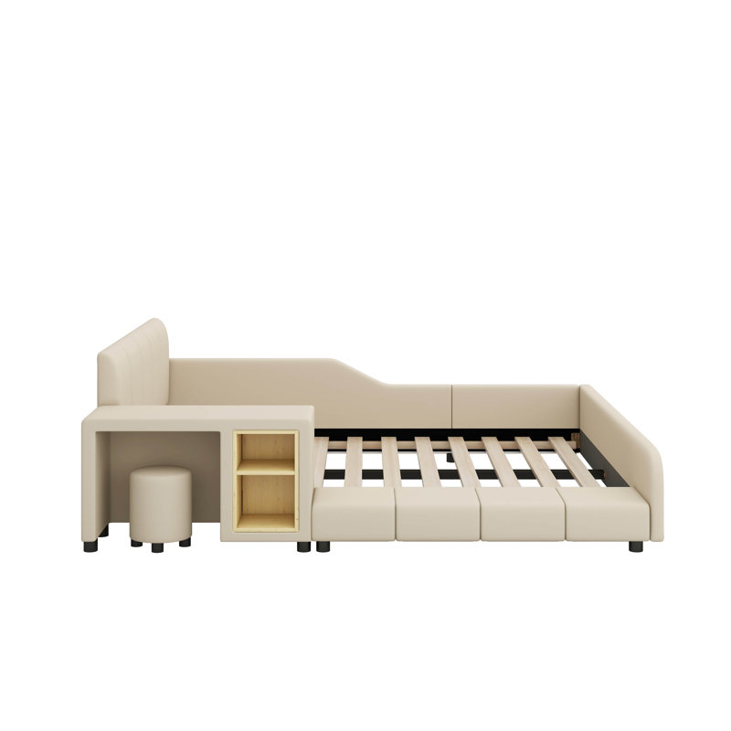 Full Size Upholstered Grounded Bed, Mother & Child Bed With Bedside Desk, Beige