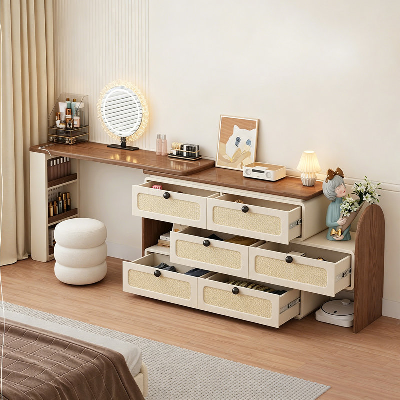 Vintage Cream Extendable Ultra-Thin Vanity with Drawers, 29.53" H x 124.25" W x 11.81" D