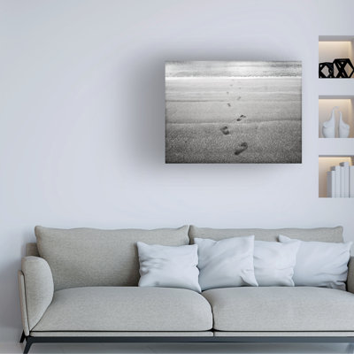 Black and White Footsteps on the Beach - Wrapped Canvas Print
