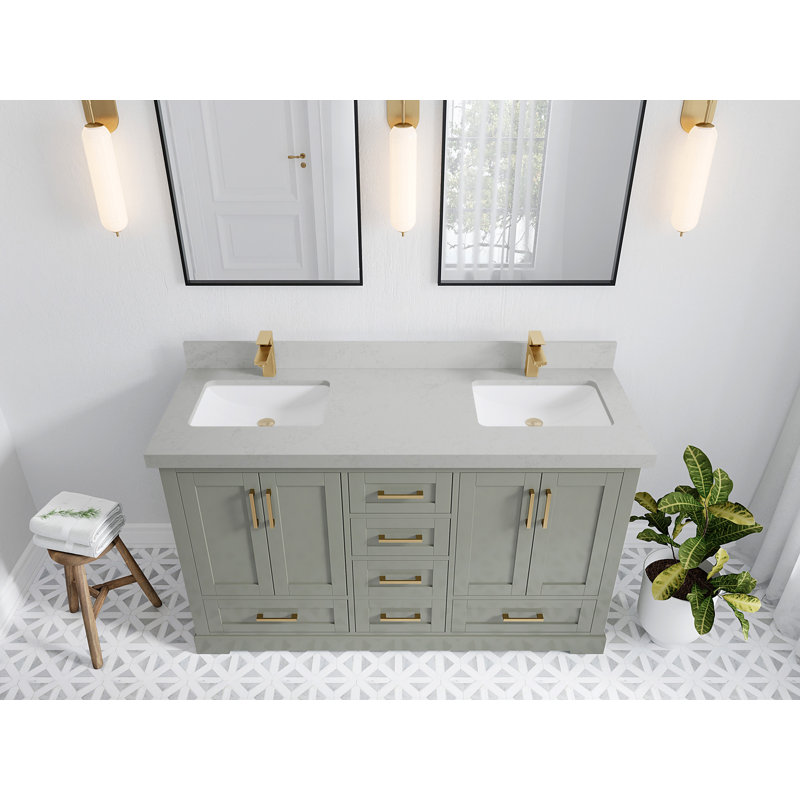 Ensemble de meuble-lavabo double 60 po Esin, Quartz de Carrare, À feuilles persistantes