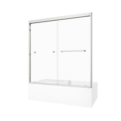 Porte de douche de 60 po de hauteur avec structure coulissante à double dérivation, finition en nickel brossé, cadre en alliage d'aluminium, verre trempé de 1/4 po et 6 mm avec bords chanfreinés, pour baignoire de salle de bain de 55 à 60 po