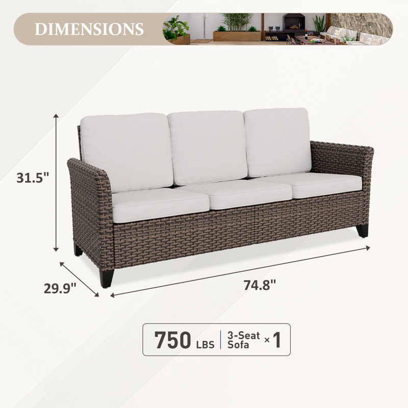Outdoor Multi-Brown Wicker and Steel 3-Seat Sofa with Beige Cushions