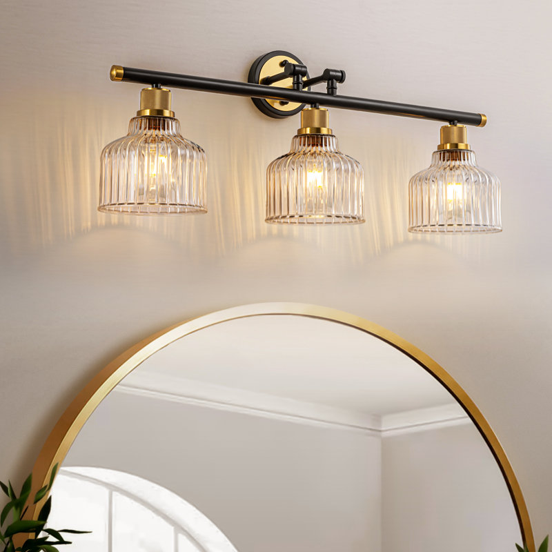 3-Light Black and Gold Bathroom Vanity Light with Clear Glass Shades