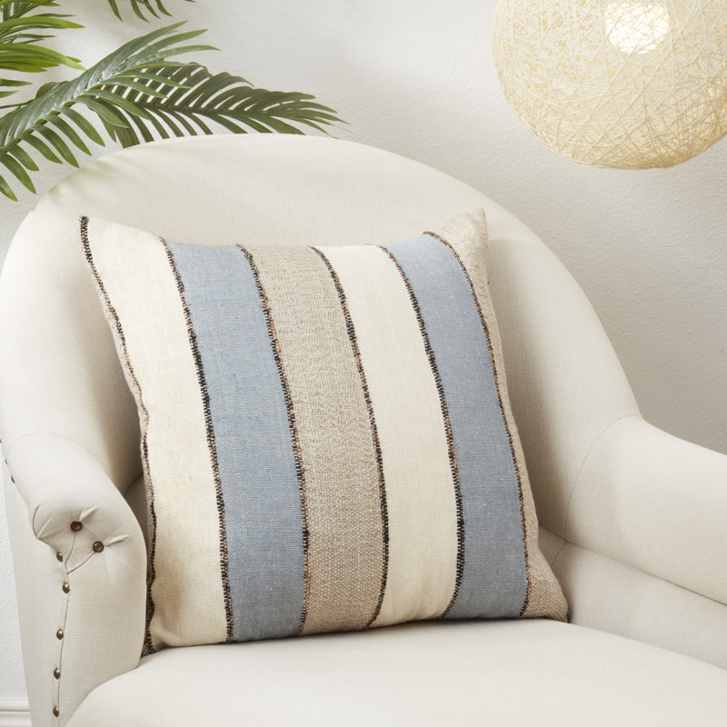 20'' Beige and Blue Striped Cotton Throw Pillow