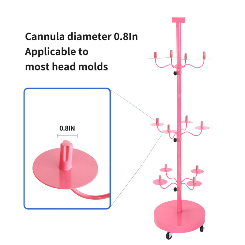 Wig Holder For Multiple Wigs For 12-mannequin Head, Wig Styling Stand Display Holder Organizer Metal Wig Rack On Wheels Tree Shelf - Patent Protected( Large Pink With 12 Little Wig Holder