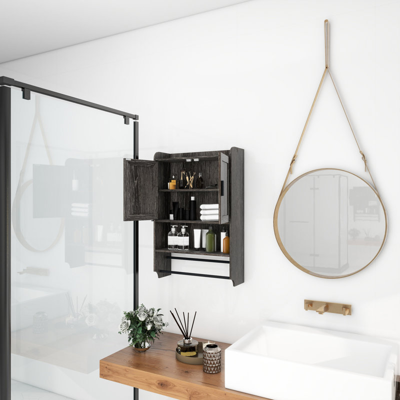 Armoire murale de salle de bain, grise, avec barre à serviettes et espace de rangement caché gris