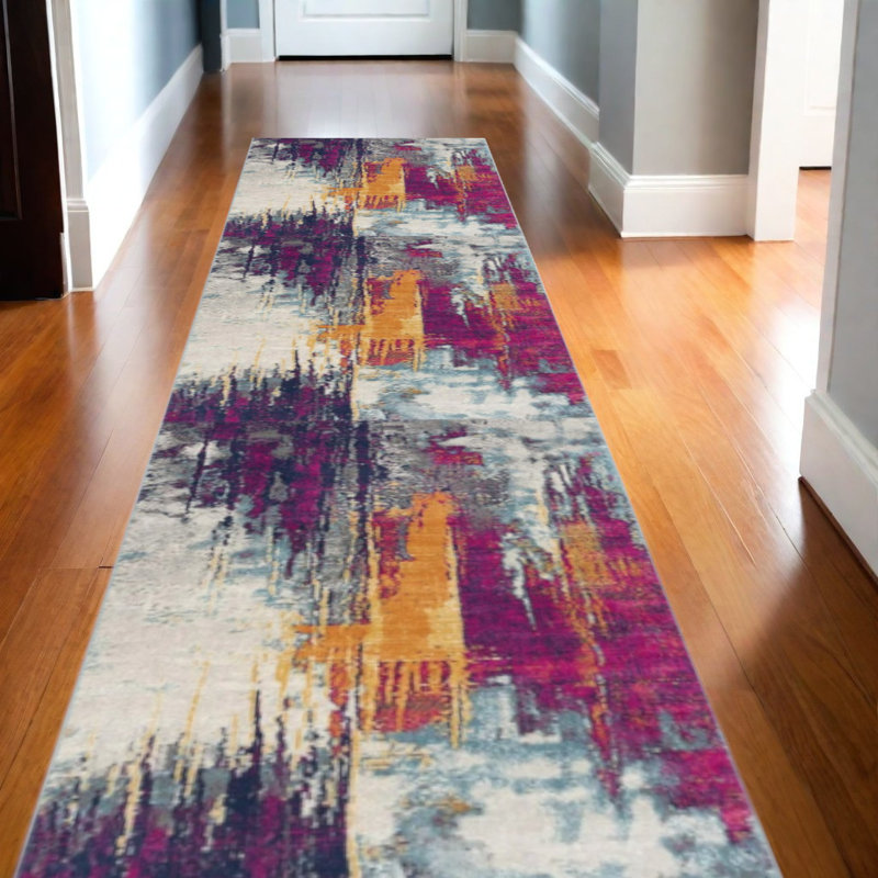 Tapis de couloir abstrait gris ivoire et magenta Comfort, Tapis de couloir 2 pi x 20 pi