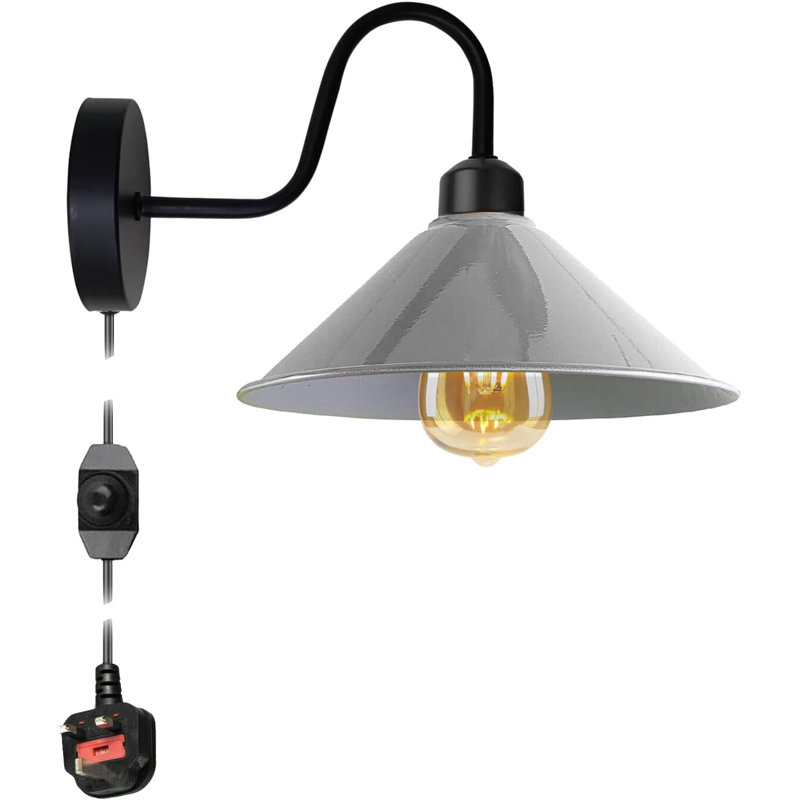 Industrial Modern Anayaa Plug-In Wall Sconce – Metal Cone Shade with Cord Dimmer for Easy Mounting, White