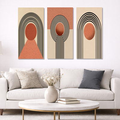 Vortex rétro orange et noir - décoration murale abstraite encadrée de style Mid-Century à 3 panneaux