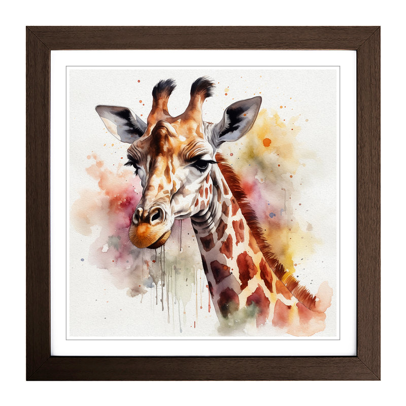 Giraffe Watercolour - Single Picture Frame Print on Wood, Walnut