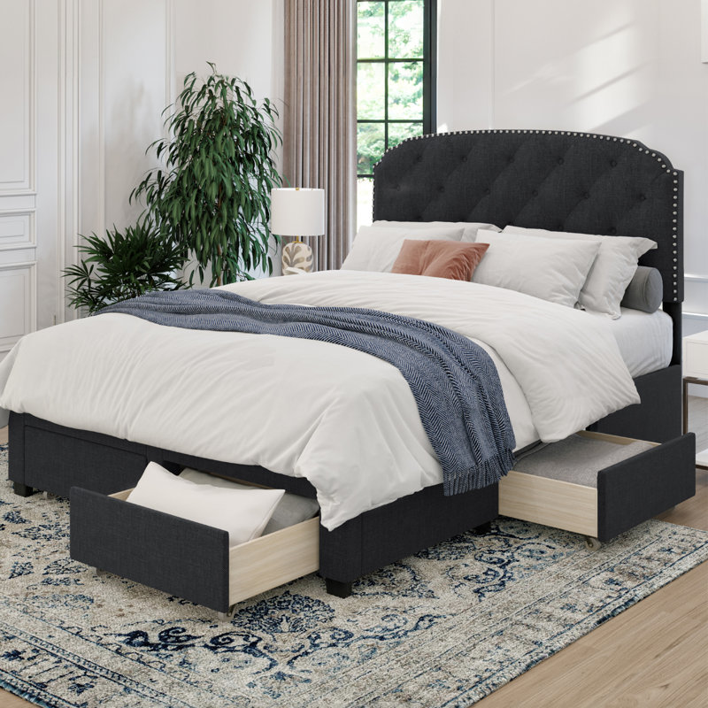 Talmo Upholstered Panel Bed Frame with Storage Drawers, Nailhead Trim Headboard, King, Dark Gray