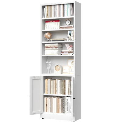 71 Inch Tall 5 - Tier Metal Bookcase, Industrial White, Door Equipped With Adjustable Shelves For And Office Storage White Bookcase Living Room Organization