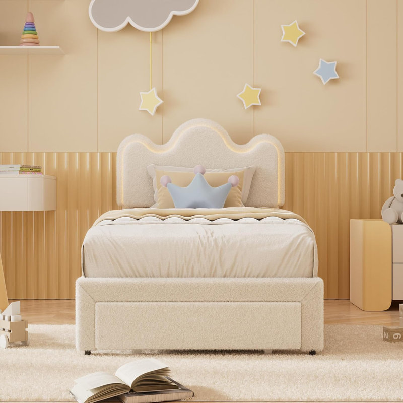 Lit simple tapissier à DEL avec tiroirs de rangement, lit pour filles avec tête de lit à fleurs, Lit simple, Beige