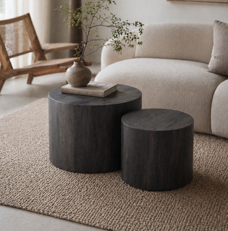 Ensemble de 2 tables basses rondes en bois Nesting, Black Woodgrain