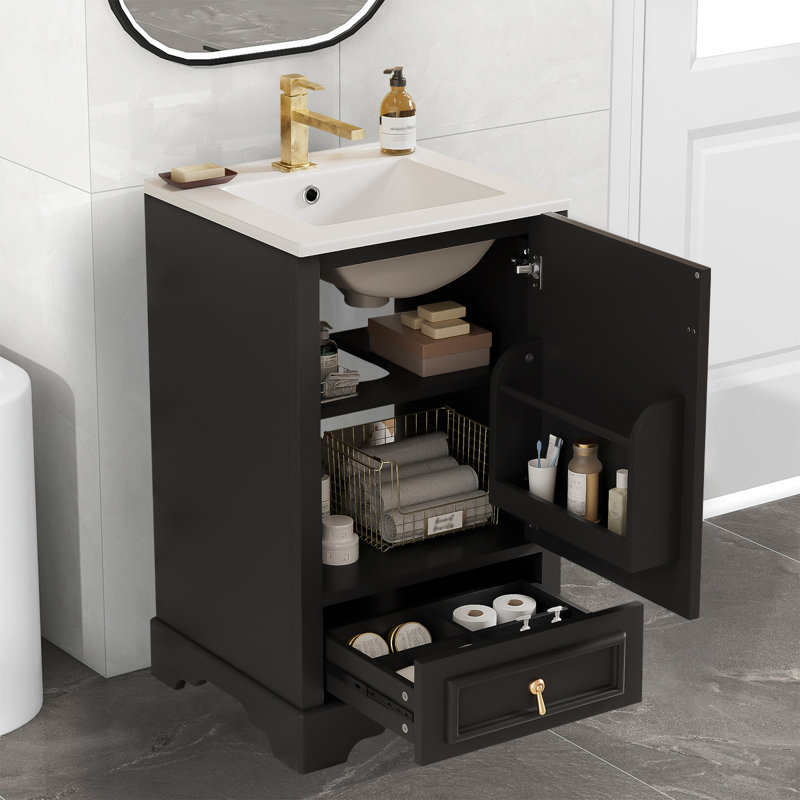 Meuble-lavabo de 20 po avec lavabo en céramique, porte à fermeture douce, tablette réglable en forme de U, Noir et or