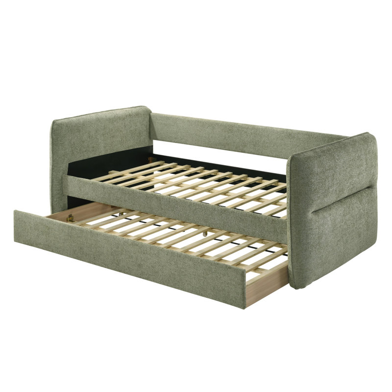 Luxurious 1Pc Modern Daybed Pull Out Trundle Button Tufted Nailhead Trim Bedroom Living Room Furniture Light Green Finish