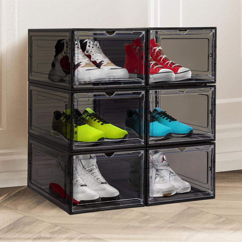 6 Pair Stackable Shoe Storage Box, Black