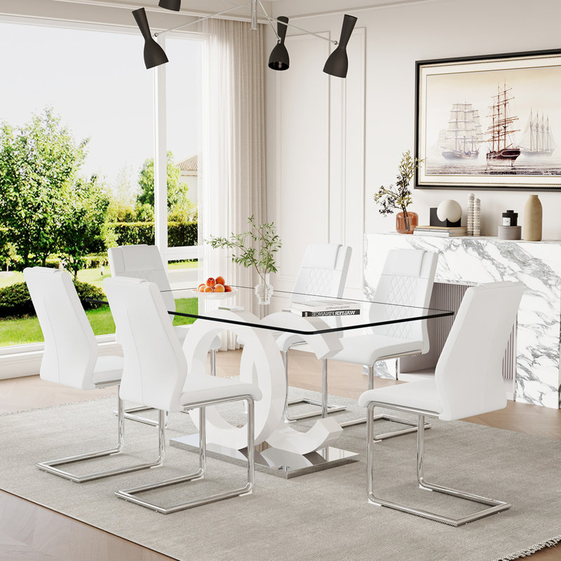 7-Piece Glass Top Dining Table Sets, Silver/White