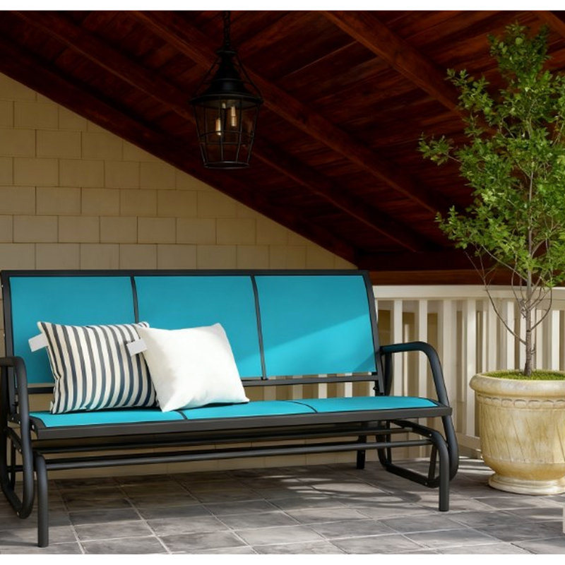 Balancelle coulissante pour l'extérieur, 3 sièges, tissu maillé, structure en métal, gris, balançoire en douceur, grand patio et bord de piscine, L 57,9 po x l 27,6 po H 33,5 po, banc d'extérieur d'une capacité de 660 lb avec tissu respirant bleu