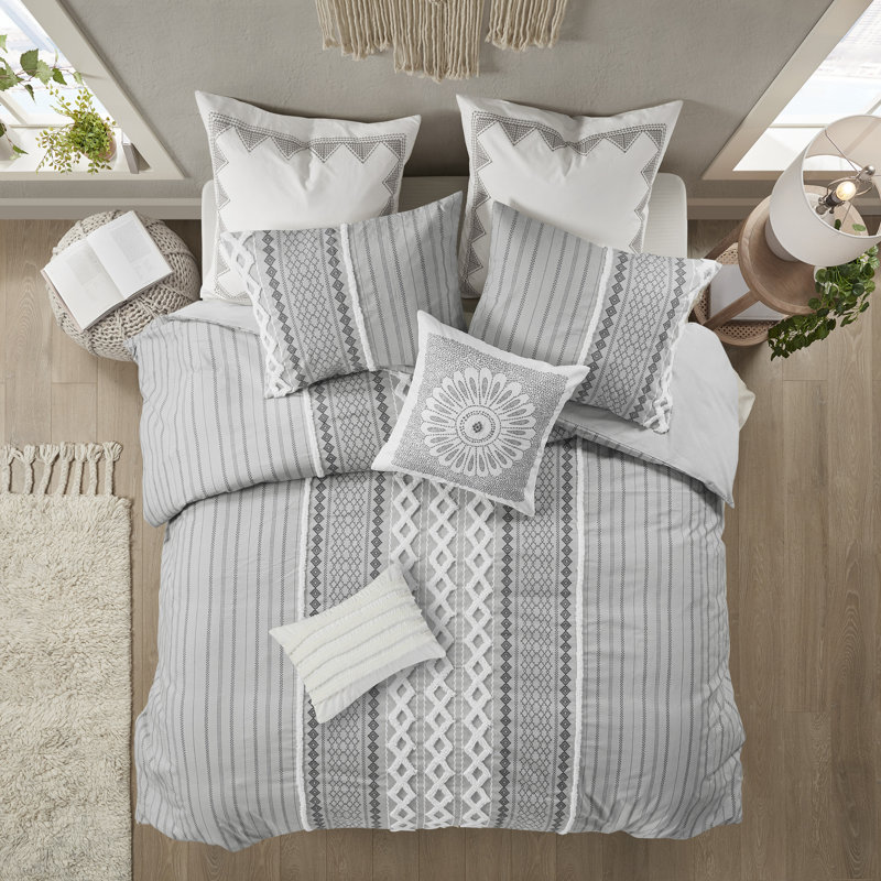 Ensemble d'édredon en coton 3 pièces Imani, Édredon pour très grand lit + 2 taies décorativ, Gris