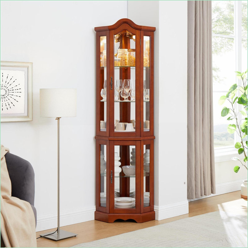 Curio Cabinets with Lights, Adjustable Glass Shelves, Mirrored Back | Walnut Brown Traditional Corner Cabinet | 70.25"H x 21.5"W x 15.75"D