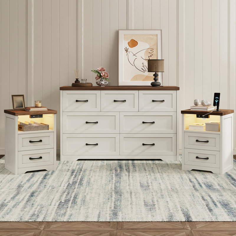 3 piece dresser and nightstand set MAISONARIA Walnut 3-Piece Bedroom Set, 6 Drawers Dresser & 2 Drawer Nightstands with Hidden Handles, Wood Chest of Drawers for Bedroom, Living Room, Entryway : Home & Kitchen ideal for storing frequently used items Orlean 3 Piece Bedroom Dresser
