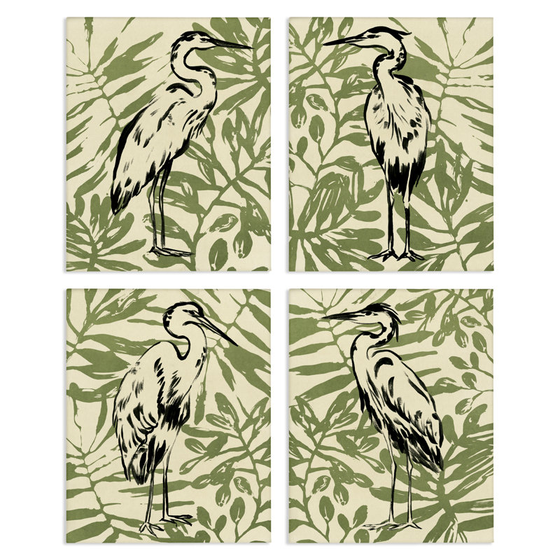  «Tropical Herons with Leaves», ensemble de 4 toiles murales par June Erica Vess, H 14 po x l 11 po