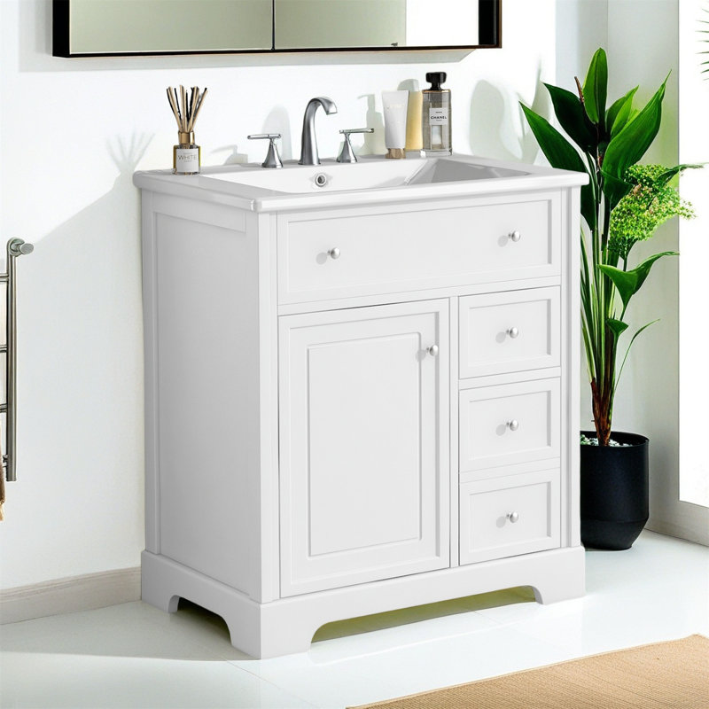 Meuble-lavabo moderne avec comptoir, deux tiroirs et porte, Blanc