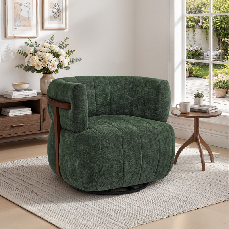 Fauteuil demi-tonneau pivotant avec accoudoirs en bois massif Annécy, Vert foncé