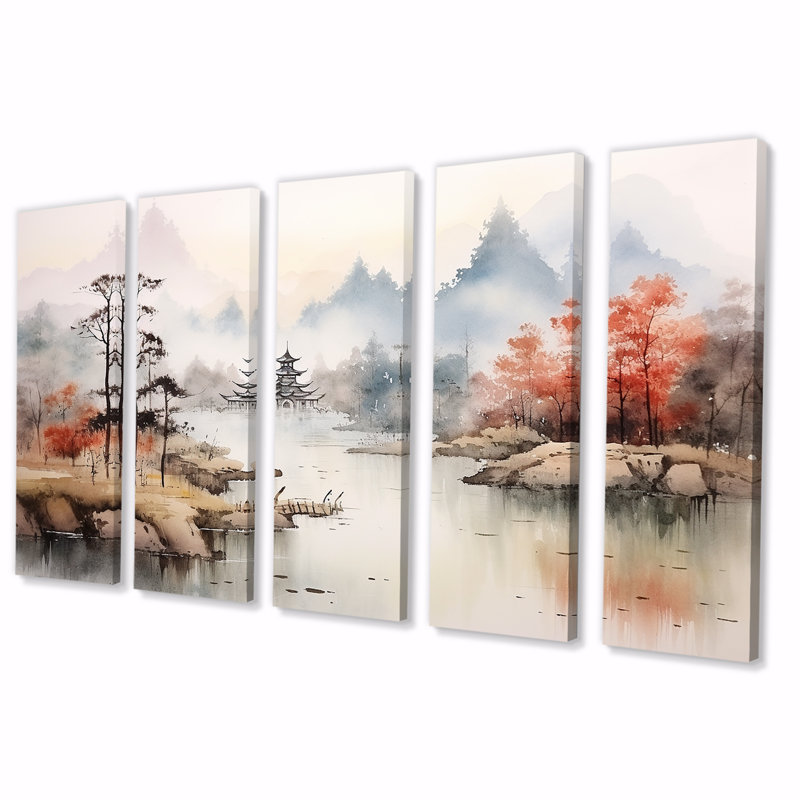 «Tranquil Chinese Landscape Serenity II - China», ensemble de 5 pièces d'art mural, H 28 po x l 60 po