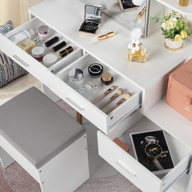 Ensemble de coiffeuse blanche avec tabouret - Placage de particules de triamine, 5 tiroirs + 2 tablettes + armoire à miroir, 3 lumières à intensité variable, poignées en métal