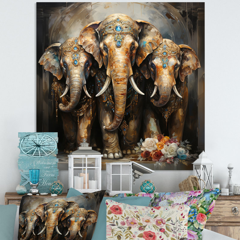 Asian Art Thai Elephants II - Asian Metal Art Print, H 16 po x l 16 po x P 1 po