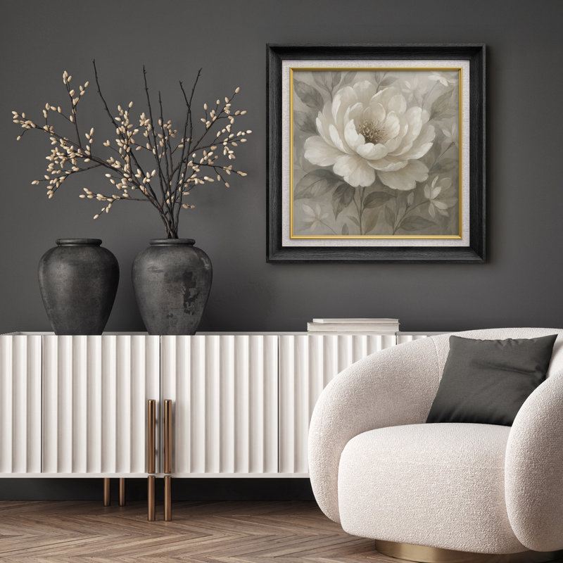 Élégante pivoine beige - impression d'art encadrée sur papier, H 26 po x l 26 po x P 1,5 po, Cadre noir de qualité supérieure
