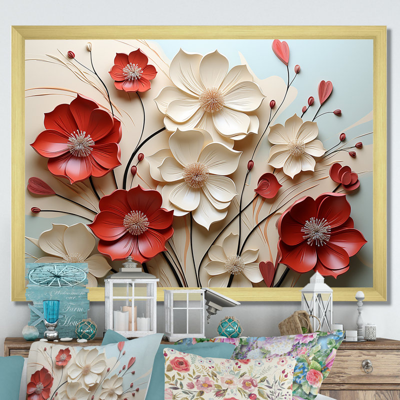 Rouge et blanc cramoisi fleur s Étreinte - art mural fleur, H 24 po x l 32 po, Cadre photo unique, Doré