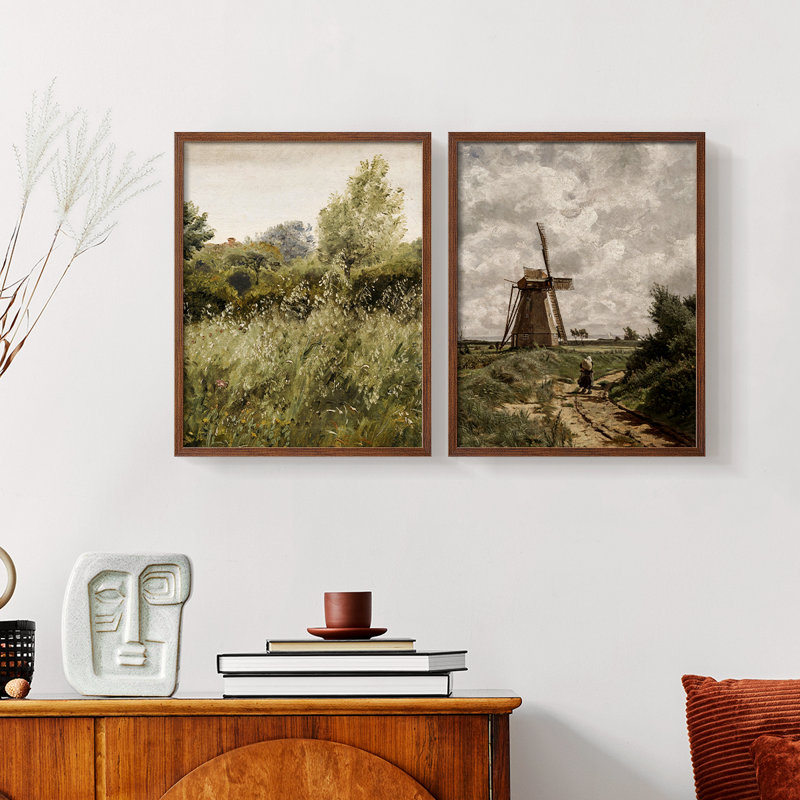 «Vintage Landscape», ensemble de 2 estampes numériques encadrées, Noyer, H 23 po x l 58 po